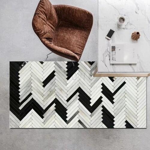 American style cowhide patchwork carpet , big size genuine cow leather black and white striped decorative bedside rug 80x160cm