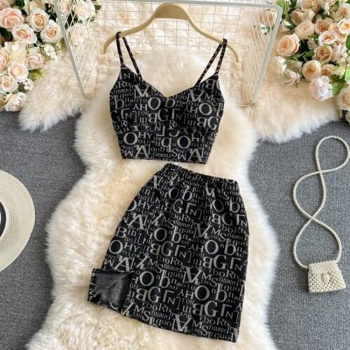 Western style fashion suit skirt letter printing V-neck camisole top high waist skirt two-piece summer style