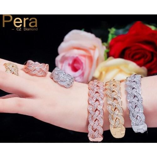 Pera Brilliant Rose Gold Wide Big Twisted Women Ring and Bangle Set for Wedding Bridal Jewelry With Micro Pave Cubic Zircon Z053