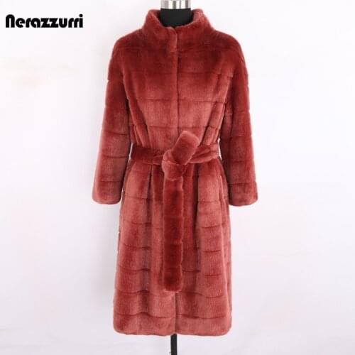 Nerazzurri Winter Long Thick Warm Striped Fluffy Faux Fur Coat Women 3/4 Sleeve Belt Plus Size Elegant Luxury Fashion 6xl 7xl
