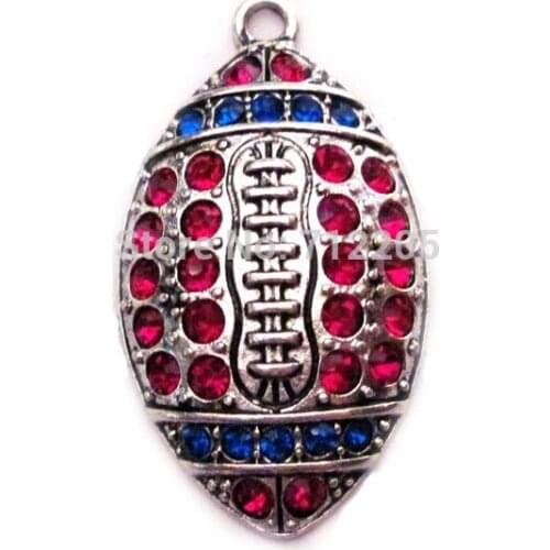 New 100pcs a lot antique silver color zinc alloy studded Football red and blue Crystal sports Pendant