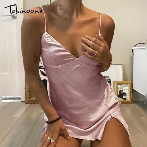 Tobinoone Cotton V Neck Satin Bodycon Dress Women Slim Backless Sexy Dresses Female Strapless Party Night Club Mini Summer Dress