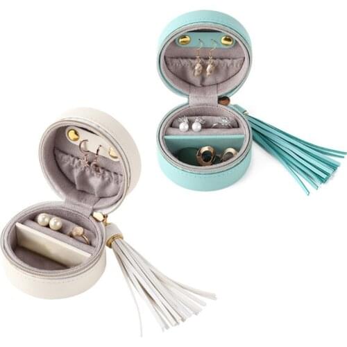 Portable Jewelry Box Storage Organizer PU Leather Small Round Jewellery Case Rings Earrings Zipper Box