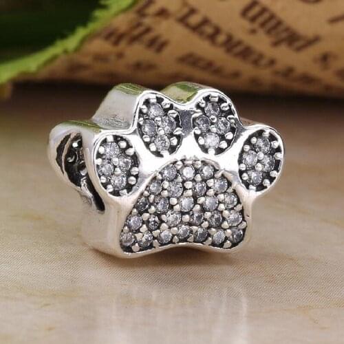 Real 925 Sterling Silver Crystal Beads Animal Paw Prints Charms Fit Original pan Bracelet Charm For Women DIY Jewelry Making