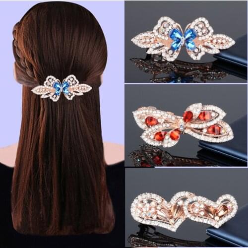 Luxury Women Crystal Heart Flower Barrettes Vintage Korean Hairgrips Hair Clip Pins Wedding Jewelry Hair Accessories For Girl