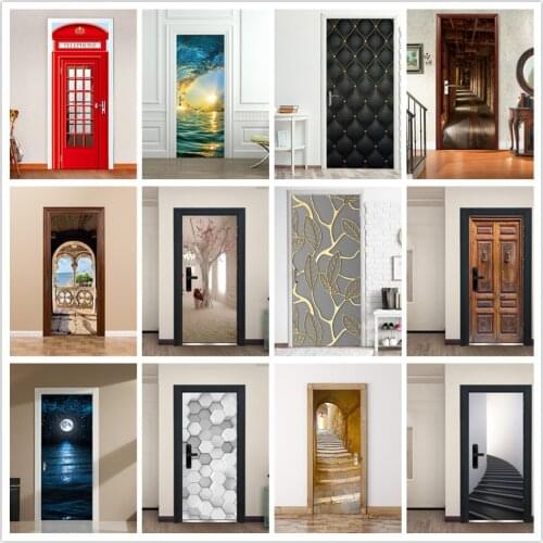 3D Modern Design Door Sticker Self Adhesive Vinyl Door Mural Poster Home Decor Art Decal For Living Room Bedroom Door Decoration