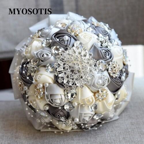 Retro European Ribbon Wedding Rose Flowers Rhinestone Bridal Bouquets Pearl Bride Holding Bouquet Fleur Artificielle Mariage