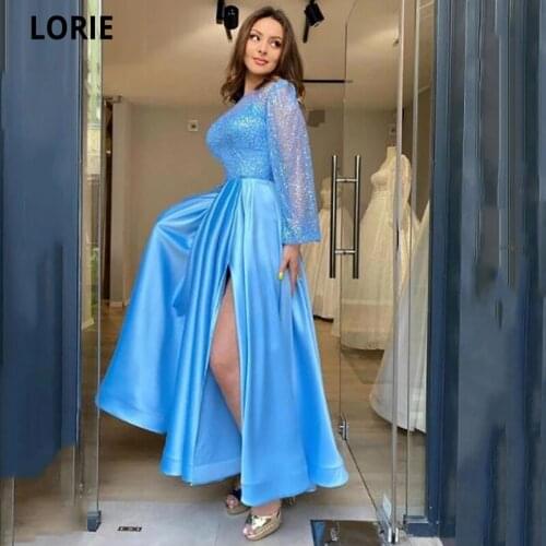 LORIE Blue Long Sleeve Formal Evening Dress 2021 A Line Side Split Prom Party Dress Corset Lace Up Back Party Gown Custom Made