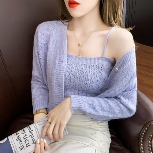Knitted Suit 2021 Autumn New Female Fashion V Collar Solid Color Short Camisole + Long-sleeved Cardigan Jacket Two-piece Women