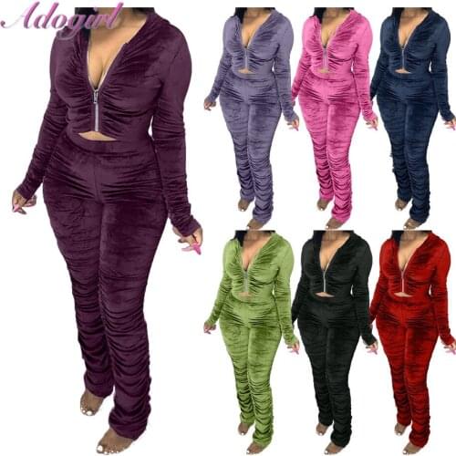 Vintage WomenS Sets Causal Solid Velvet Long Sleeve Zipper Jacket Tops Stacked Pants Suit Workout 2 Piece Set Outfit Tracksui