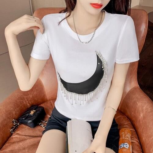 Womens Tops Beaded Tassel Moon Print T-shirt Women Summer New Slim Fashion Round Neck Short Sleeve T-Shirt Top