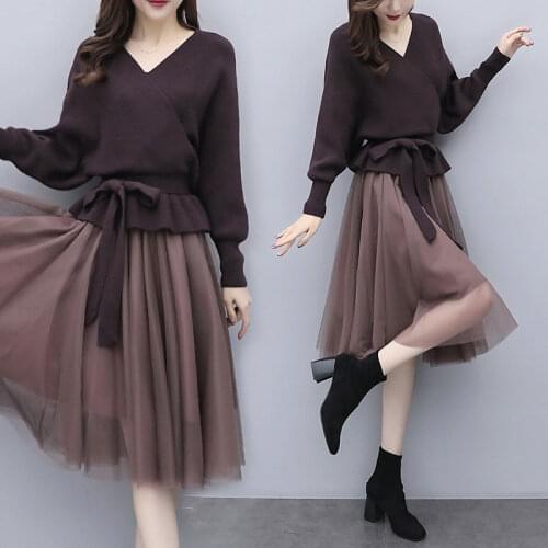 2017 Winter Fall Fashion Women V Neck Batwing Long Sleeve Bow Mesh Patchwork 2 Pieces Dress , Spring Elegant Woman 4xldresses
