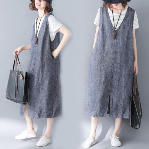 2020 New Summer Literary Large Size Dress Womens Loose Cotton Linen strap Dress Female Vestidos V544