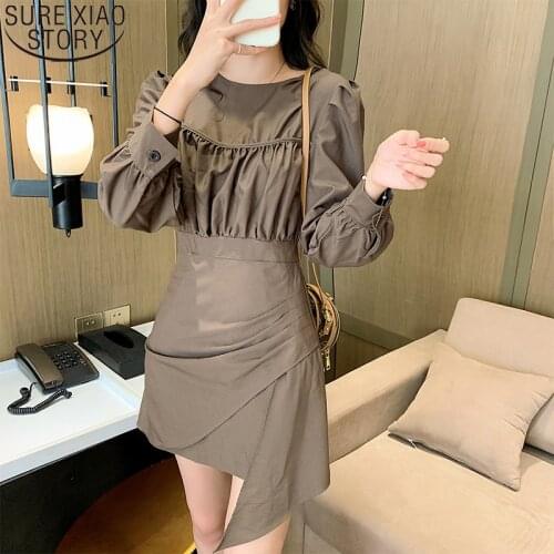 Vintage Dress Women Autumn Long Sleeve Mini Dress 2021 New Irregular High Waist A-line Dress Office Lday Vestido Feminino 12268