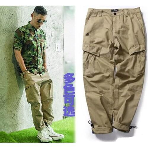 Spring and Autumn Mens Multi-Pocket Cargo Pants Ankle-Tied Jogging Casual Pants Loose Tapered Ankle-Tied Trousers