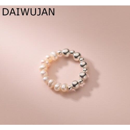 DAIWUJAN Temperament Natural Freshwater Pearl Rings INS 925 Sterling Silver Round Beads Rings for Women Sweet Finger Jewelry