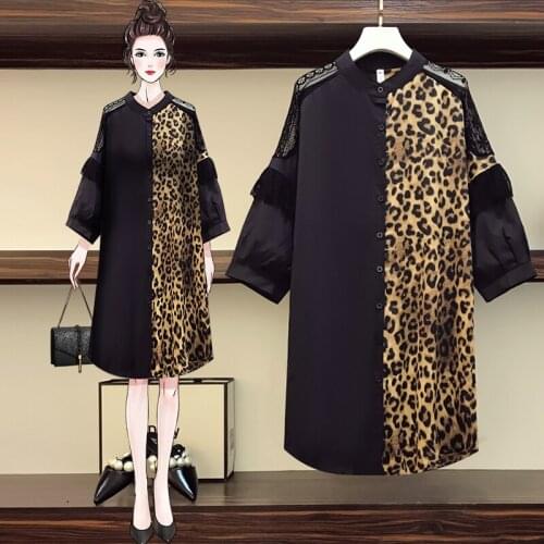 EHQAXIN Plus Size Women Shirt Dress Fashion Leopard Print Patchwork Black Lace Lantern Sleeve Loose Casual Long Shirts L-5XL
