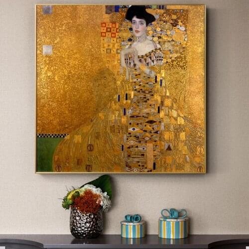Gustav Klimt Kiss Paintings Replica On The Wall Portrait Of Adele Bloch Golden Classical Wall Art Canvas Picture For Living Room
