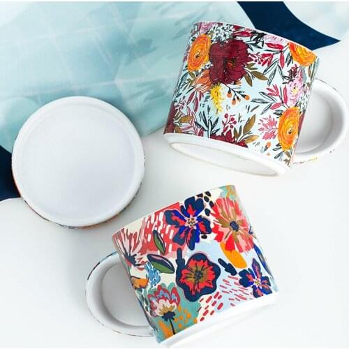 Coffee mugs Creative hand painted flower ceramic mug with lid