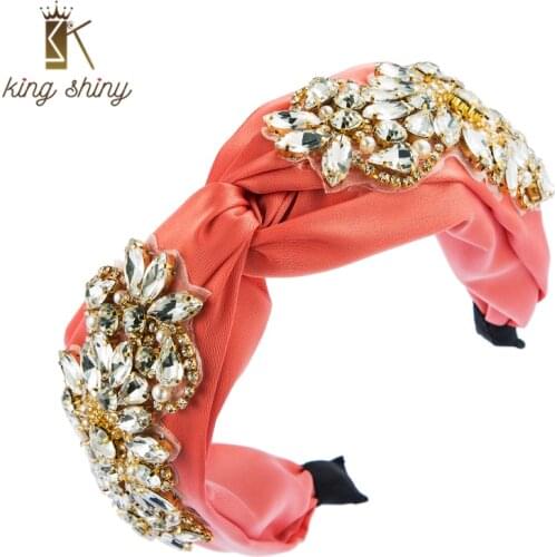 King Shiny Elegant Korean Crystal Center Cross Headband Chic Imitation Pearl Beaded Twisted Wide Side Hairband Girls Party Bezel