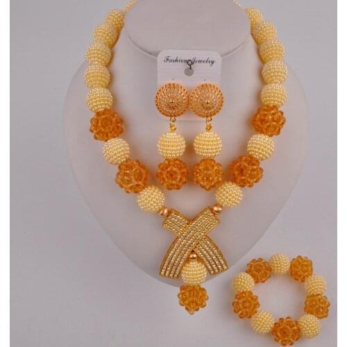 Beautiful beige simulated pearl and champagne gold crystal african beads jewelry set FZZ105