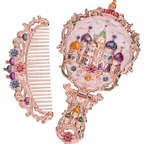 The handle small mirror with a comb set with a brush suit retro portable can fold desktop princess makeup mirror 2017 hot sales