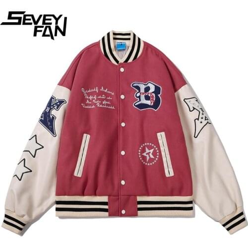 SEVEYFAN Mens Fashion Letter Embroidery PU Leather Patchwork Baseball Jacket Hip Hop Bomber Coat Streetwear for Couples