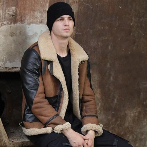 SANI Shearling Fur Sheepskin Men Formal Causal Brown Genuine Leather Thick Fur Jacket Real Fur Clothing