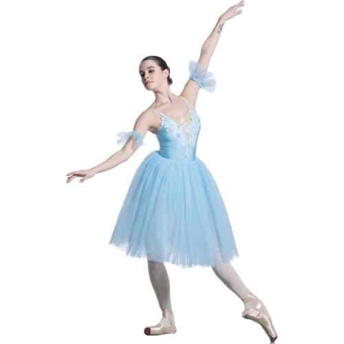 Sky Blue Long Ballet Dance Tutu Camisole Leotard Bodice with Nude V Neck Ballet Dress Performance Stage Costumes for Girls 19332