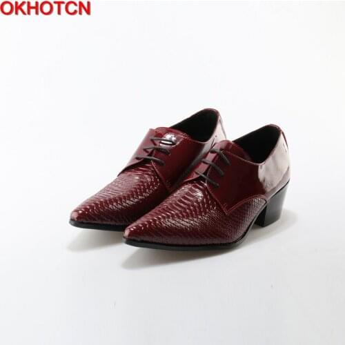 OKHOTCN Lace Up Men Genuine Leather Shoes Red Men Wedding Shoes Square Heel Retro Brogue Formal Dress Party Office Oxford Shoes