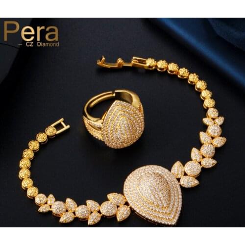Pera Gorgeous CZ Stone 2Pcs Jewelry Set Dubai Gold Big Water Drop Bangle Bracelet and Ring Set for Ladies Party Jewelry Z065