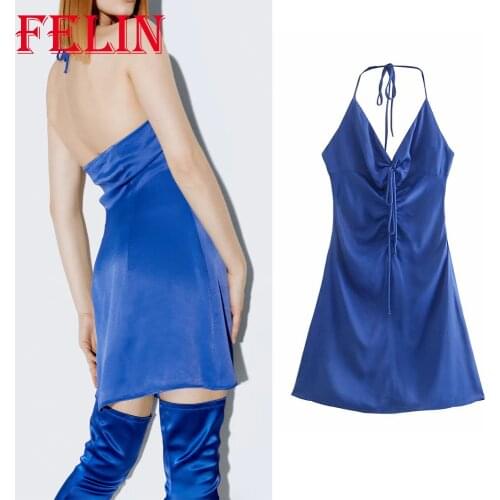 Za 2021 Women Stain Chic Blue Sexy Party Dress Backless V Neck Pleated Mini Cami Dress Elegant Stylish Mujer Vestidos