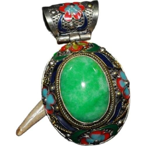 China Old Tibetan Silver Inlaid Emerald Cloisonne Pendant