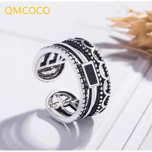 QMCOCO Minimalist 925 Silver Engagement Rings For Women Vintage Punk Creative Black Stone Party Fine Jewelry Gifts