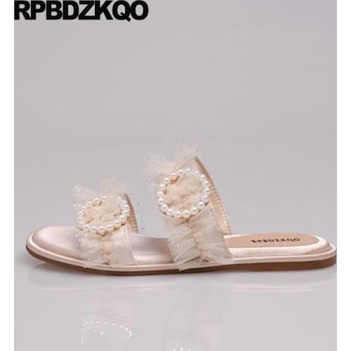 Designer Slides Women 2021 Slippers Mesh Shoes Bridal Pearl Bride Wedding Summer Embellished Fashion Beaded Sandals Bridesmaid