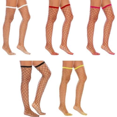 Women Plus Size Sexy Hollow Out Fishnet Thigh High Stockings Shiny Glitter Rhinestone Mesh Elastic Pantyhose Long Socks