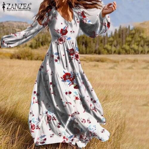 Oversized Ruffle Party Maxi Vestidos Women 2021 Ladies Bohemian Dresses ZANZEA Casual Floral Print Sundress Spring Holiday Robe