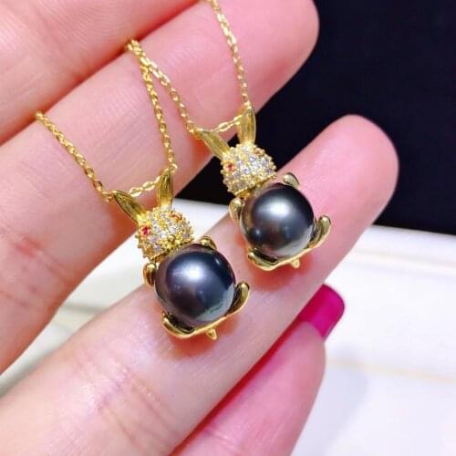HENGSHENG New 8-9MM Tahiti Natural-Ocean Black Pearls Pendant For Women Real 925 Sterling Silver Rabbit Pendant Fine Jewelry