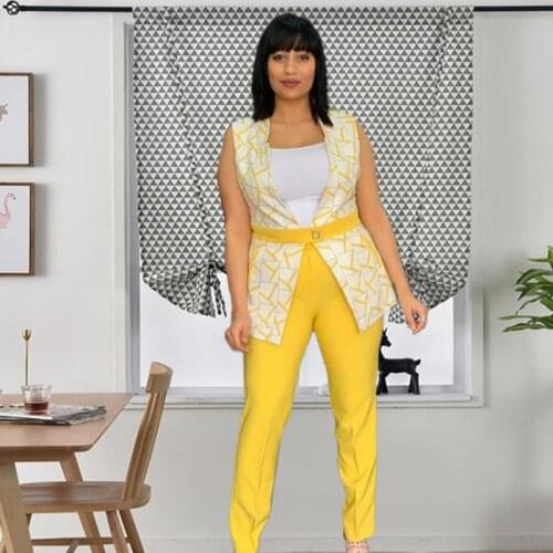 Office Lady Two-piece Set Printed Sleeveless Jacket Vest Summer Pants Suit Waist Belt 2 Piece Outfit for Woman Business Party