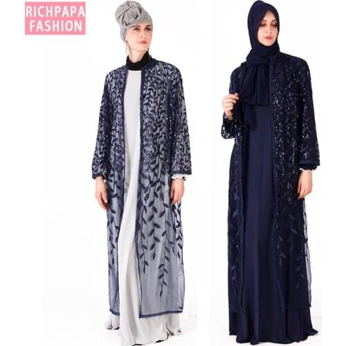 Plus Size Long Robe Kimono Mujer 2019 Abaya Dubai Muslim Women Mesh Leaves Sequin Kimono Cardigan Blouse Roupas Feminina Clothes