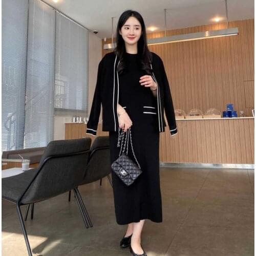 2021 Korean Graceful Knitted 2 Piece Set Women O-neck Short Sleeve Straight Dress + Vintage Cardigan Jacket Contrast Color Suit