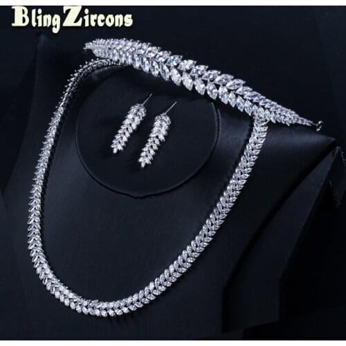 BeaQueen Leaf Shape 3 Pcs Bridal Wedding Earring Necklace Tiara Sets Cubic Zirconia Crystal Hair Jewelry for Women JS150