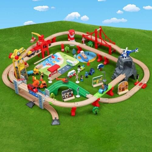 Wooden Train Track Set Wooden Railway In Puzzle With Tracks Transit Wooden Railway Model Accessories Toys Trains For Kids Gifts