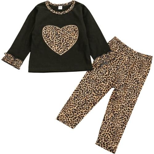 Sweet 0-24M Infant Baby Girl Clothing Heart Front Ruffle Long Sleeve Top+Leopard Print Long Pants Kids Autumn Outfits Set