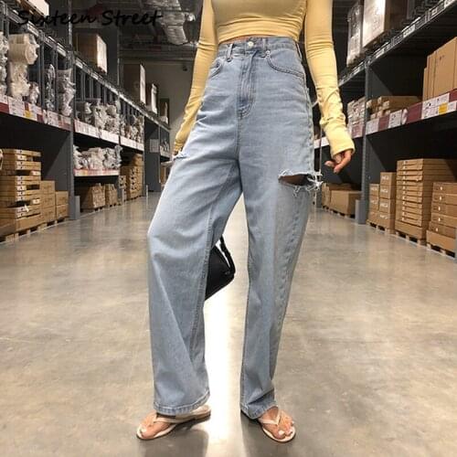 Jeans Femme Korean Chic Wide Legs Pants Women Y2k Aesthetic High Waisted Hole Straight Denim Trousers Female Ripped Vintage 2021
