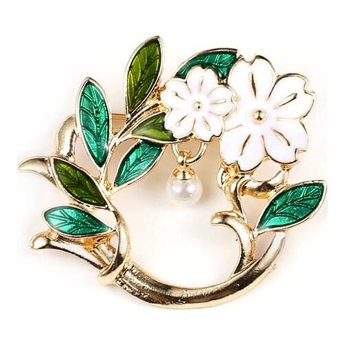 European and American jewelry autumn and winter new flowers olive green leaves pearl brooch wholesale