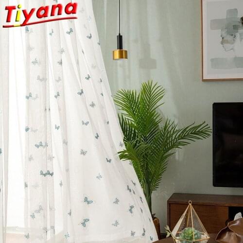Beautiful Butterfly Embroidered Curtains Living Room White Sheer Tulle Blue Butterfly Voile Tulle Sweet Gauze Curtains HM048#20
