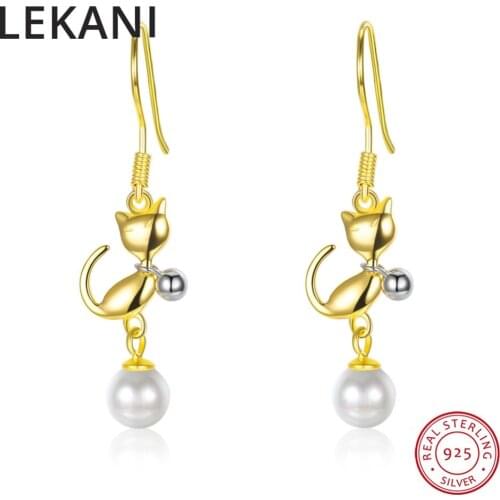 LEKANI Cute Cat Hanging Earrings For Women Girls Pearls Made With Swarovski Elements Gold Plated S925 Silver Animal Jewelry