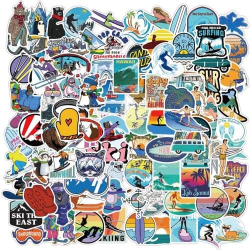 100PCS Surfing Skiing Stickers PVC Outdoor Extreme Sports Cartoon Animal Surf Ski Graffiti Sticker DIY Skateboard Laptop Bicycle
