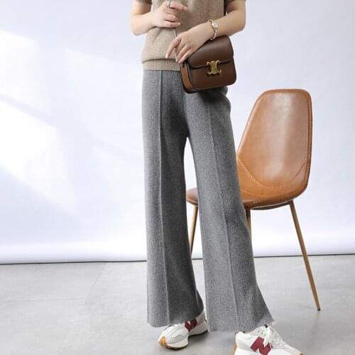 2021 new autumn winter womens trousers 100% cashmere wool knitted womens pants high-waist casual Ladies thick wide-leg pants